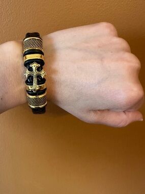 Black Leather Bracelet with Gold Cross Accent
